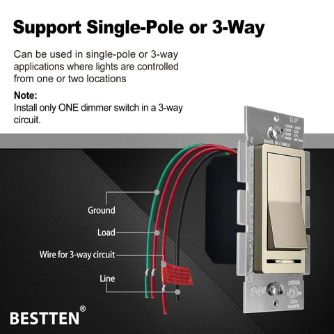 Matte Brown Dimmer Switch Pack Of 10 For Single Pole Or 3 Way Install, Dimmable LED CFL Incandescent And Halogen Compatible, wiring diagram
