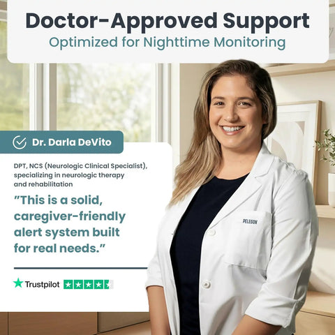 Doctor-approved support graphic for Bed Alarm System For Seniors With Wireless Sensor Pad And Pager Fall Prevention For Dementia Care, Long Range Alerts, Custom Volume Or Vibration, No Fuss Tool Free Setup, Easy Caregiver Monitoring, Peace Of Mind.