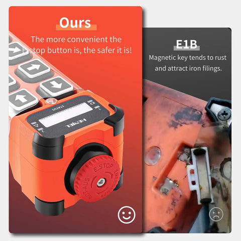 Close-up of a wireless crane remote control with dual speed 8 channel button industrial controller for overhead bridge gantry cranes