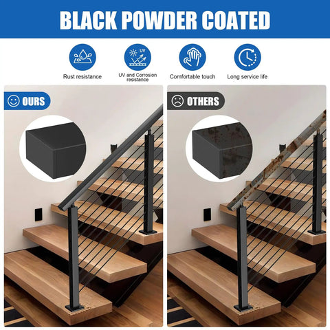 Pro Grade Matte Black Cable Railing Handrail Four Pack 6 Feet 6 Inches Solid Stainless Steel Tubing comparison showing rust resistance.