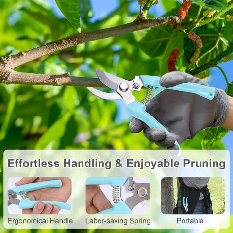 Two Pack Pruning Shears With Stainless Steel Blades being used on a branch, showing ergonomic grip and spring-loaded mechanism.