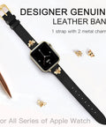 Premium Slim Genuine Leather Apple Watch Band With Chic Bee Charms Easy Snap Fit, black band with gold metal charms for women.