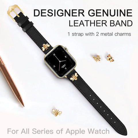 Premium Slim Genuine Leather Apple Watch Band With Chic Bee Charms Easy Snap Fit, black band with gold metal charms for women.