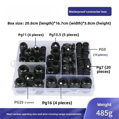 Waterproof Nylon Cable Gland Kit 50 pieces with labeled sizes PG7 to PG19 in plastic case