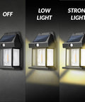 Heavy Duty Solar Wall Lights Outdoor Two Pack Weatherproof Security Sconces Motion Activated Floodlights Three Smart Modes in various light settings.