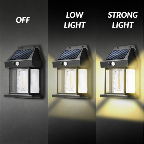 Heavy Duty Solar Wall Lights Outdoor Two Pack Weatherproof Security Sconces Motion Activated Floodlights Three Smart Modes in various light settings.