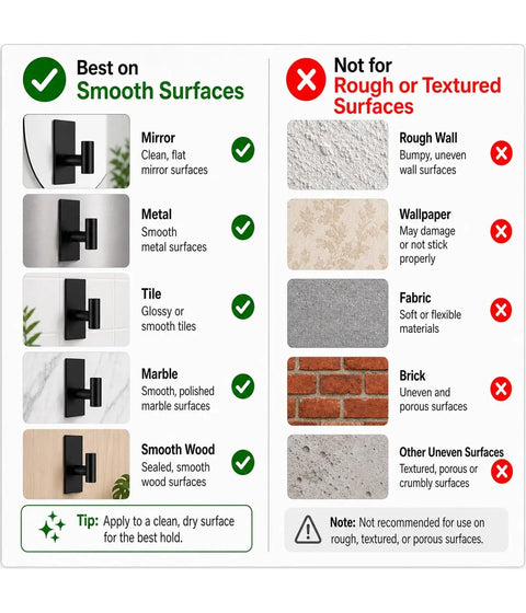 Chart showing Five Pack Heavy Duty Adhesive Wall Hooks With Removable Strips For No Damage Hanging on smooth surfaces, not rough.