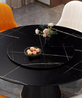 Large Marble Lazy Susan Turntable Rotating Serving Plate For Countertops And Dining Tables on a modern black table with fruits and flowers.