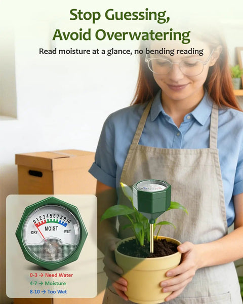 Woman holding plant with Soil Moisture Meter For Plants No Battery Required Hygrometer Sensor With Root Level Readings
