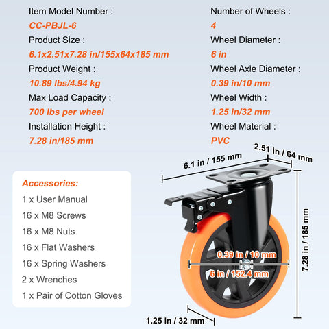 Diagram of Six Inch Swivel Plate Caster Wheels Set Of Four With AB Locking, PVC material, dimensions, and accessories shown.
