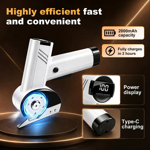 Top Rated Cordless Electric Scissors With 4 Speed Settings And Five Spare Blades showing power display and Type-C charging port.