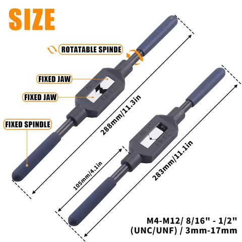Adjustable Tap Reamer Wrench Handle Made From Alloy Steel, Fits 4-12 Mm Or 8/16-1/2 Inch UNC/UNF Taps, High-Hardness, Size Diagram