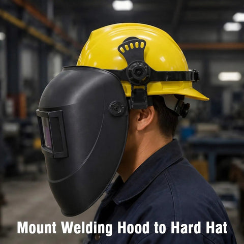 Premium Heavy Duty Welding Helmet Adapter Quick Release Hard Hat Mount No Sweat Install For Auto Darkening Mask attached to a yellow hard hat.