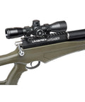 Close-up of PCP Powered Arrow Rifle With 3 Carbon Fiber Arrows, 450 FPS, showing scope and All Weather Stock, Picatinny Mounts visible