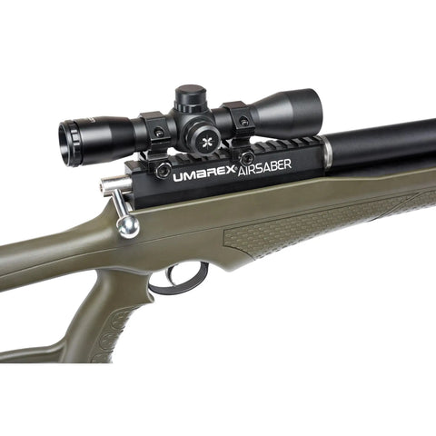 Close-up of PCP Powered Arrow Rifle With 3 Carbon Fiber Arrows, 450 FPS, showing scope and All Weather Stock, Picatinny Mounts visible