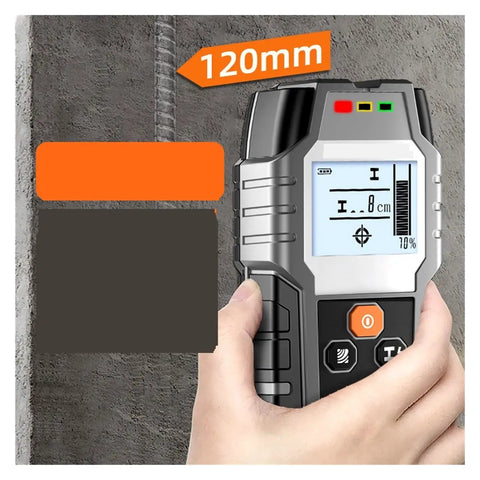 Game Changer Wall Scanner And Upgraded Stud Finder With Integrated Rebar Locator Plus Metal Wire Detector For Quick And Reliable Concrete Thickness Checks On Any Job Site, showing accurate readings on display.