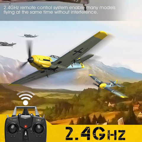 BF109 RC Airplane Ready To Fly With XPILOT Stabilization System flying with 2.4GHz remote control over landscape