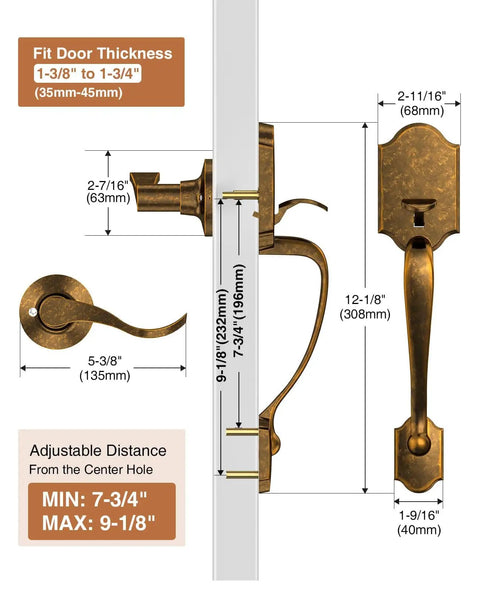 Diagram showing dimensions of a Vintage Brass Front Door Handle No Lock for Exterior Doors, reversible and durable brass finish.