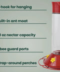 Glass Hummingbird Feeder For Outdoors Hanging, 30 Oz Nectar Capacity, Ant And Bee Guarded Red Bird Feeder with S-hook