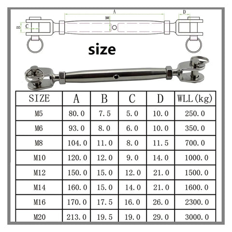 Rock Hard 304 Stainless Steel Swivel Jaw Turnbuckles For Marine Sailboat Rigging size chart showing dimensions and weight limits for M5 to M20.