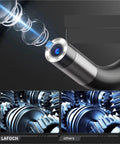 Top Shelf Flexible Borescope Camera Featuring Fully Articulated Twisting Head With Bright LED Lamp, zoomed lens view, ideal for tight automotive inspections.