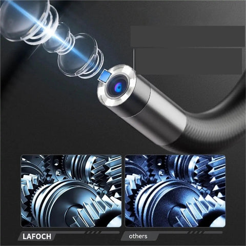 Top Shelf Flexible Borescope Camera Featuring Fully Articulated Twisting Head With Bright LED Lamp, zoomed lens view, ideal for tight automotive inspections.