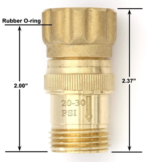 Close-up of brass lead-free water pressure regulator with 3/4 in hose thread, 20–30 PSI