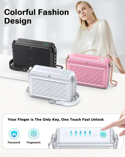 Anti Theft Fingerprint Safe Lock Bag For Women Portable Metal Phone Lock Box With Password Travel Security Case For Privacy And Protection Silver Travel Friendly Design For Easy Carry And Quick Access in various colors including black, silver, and pink, with highlighted fingerprint and password security features.