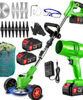 21V Cordless Weed Wacker And Leaf Blower Combo Kit With Dual Batteries Lightweight Electric Trimmer For Lawn Edging And Grass Cutting Stringless Design Brush Cutter And Storage Bag For No Fuss Yard Cleanup, shown with accessories including saw blade, gloves, and charger.