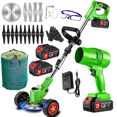 21V Cordless Weed Wacker And Leaf Blower Combo Kit With Dual Batteries Lightweight Electric Trimmer For Lawn Edging And Grass Cutting Stringless Design Brush Cutter And Storage Bag For No Fuss Yard Cleanup, shown with accessories including saw blade, gloves, and charger.