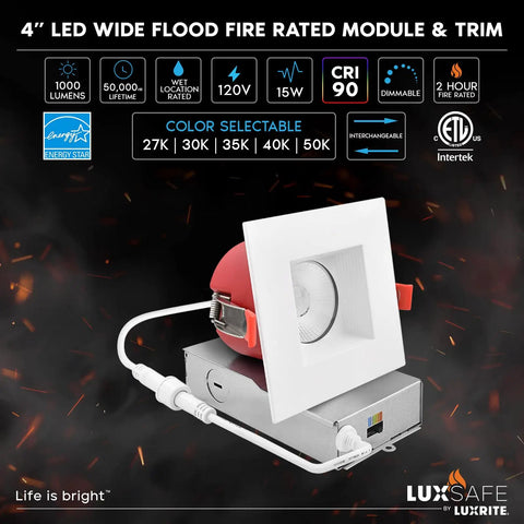 4 Inch LED Wide Flood Fire Rated Module & Trim with junction box, color selectable, 1000 lumens output, dimmable.