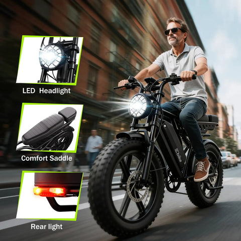 Man riding Powerful 1500W Fat Tire Electric Bike For Adults All Terrain 20 Inch E Bike With Long Range 60 To 130 Miles on road
