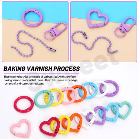 All In One 68 Piece DIY Jewelry Making Kit With Colorful Swivel Lobster Claw Clasps Heart Shaped Keychain Clips Ball Chains Open Jump Rings And Carabiner Clips In A Compact Storage Box For Easy Crafting. Carbon steel coated clips and ball chains in purple
