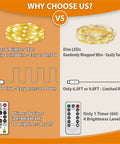 Comparison of warm white curtain lights vs. dim LED lights, featuring wire coiling, cord length, timer, and brightness options