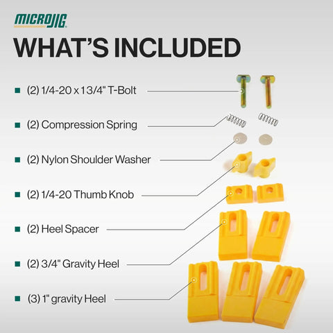Gravity Heel Kit Pushblock Accessory For Table Saws And Jointers showing included components and yellow gravity heels.