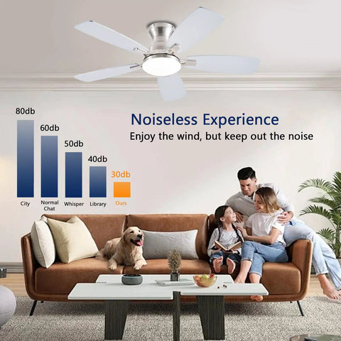 Low Profile 42 Inch Ceiling Fan With Lights And Remote Control App Compatible Flush Mount DC Reversible Motor Ultra Quiet Nickel Finish