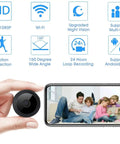 Tiny WiFi Spy Camera With Night Vision next to smartphone displaying live feed, discreet security camera in 1.7 inch cube, 2.4G WiFi only