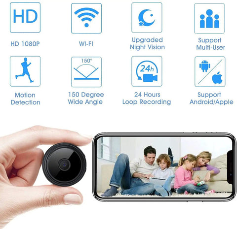 Tiny WiFi Spy Camera With Night Vision next to smartphone displaying live feed, discreet security camera in 1.7 inch cube, 2.4G WiFi only