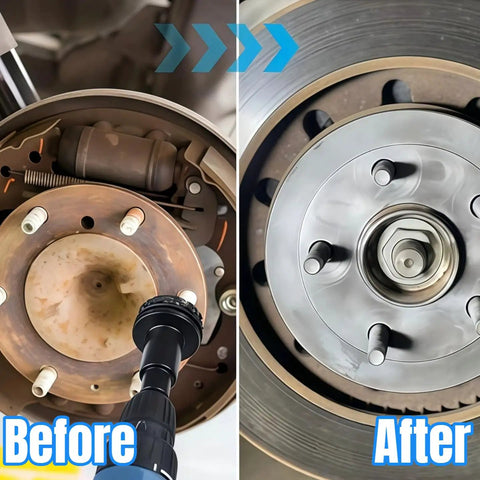 Before and after cleaning using Pro Grade Wheel Hub Cleaning Kit With 8 Grinding Heads, Rust Busting And Surface Polishing For Cars, Trucks And SUVs, Fits Power Drill, Ultimate Brake Hub Cleaner For Quick Hassle Free Maintenance showing restored brake hub.
