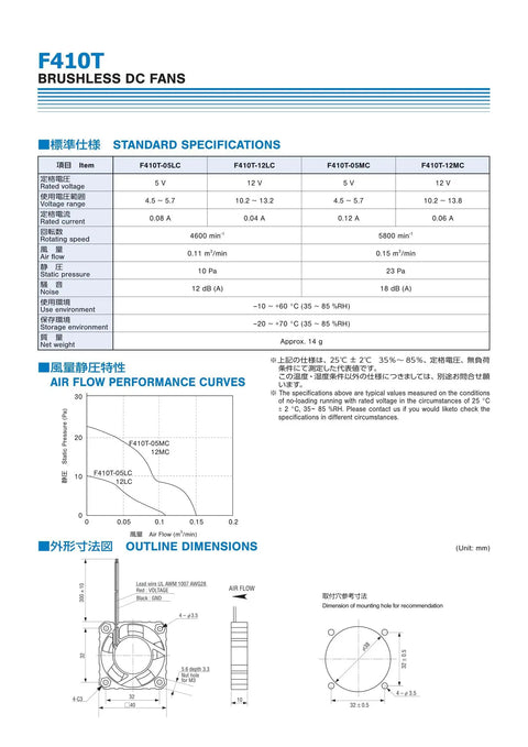 Technical specifications for 12V 40Mm Square Fan Motor With 5,800 RPM, showing airflow curves and dimensions.