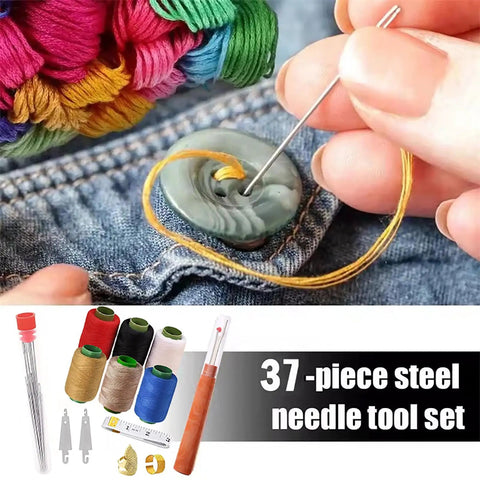 37 Piece Hand Sewing Tool Set With Big Eye Stainless Steel Needles, Threaders, And Repair Kit for sewing and stitching on denim.
