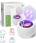 Compact Ultrasonic Cleaner Pod With Uv C Light And Smart One Touch Mode for cleaning dentures and toothbrush heads in a stylish white design.