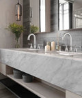 Modern bathroom with dual Widespread 8 Inch Bathroom Faucet With 3 Holes Brushed Nickel Finish Two Handles Pop Up Drain High Arc Spout Vanity Lavatory Basin Sink Faucet Lead Free Stainless Steel Construction cUPC Certified No Splash on a grey marble countertop.