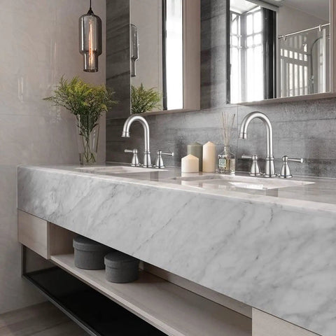 Modern bathroom with dual Widespread 8 Inch Bathroom Faucet With 3 Holes Brushed Nickel Finish Two Handles Pop Up Drain High Arc Spout Vanity Lavatory Basin Sink Faucet Lead Free Stainless Steel Construction cUPC Certified No Splash on a grey marble countertop.