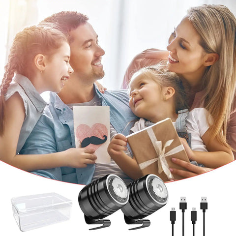 Clip On LED Shoe Lights For Clogs And Sandals Rechargeable With 3 Modes, USB cables visible, family with gifts in the background