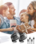 Family with gifts alongside 4 Pack Rechargeable Clip On Shoe Lights For Clogs And Shoes With 3 Lighting Modes Constant Light Lower Constant Light And Fast SOS Flash Keep Kids And Adults Safe On Night Walks While Adding Fun Shoe Charms