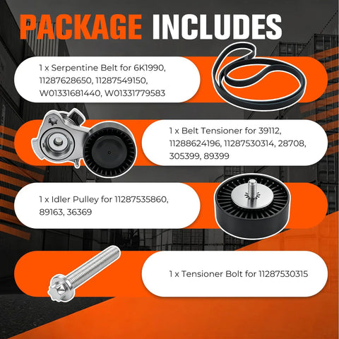 Package includes Upgrade Your BMW 3.0L Ride Smooth With A Fresh Serpentine Drive Belt Tensioner And Idler Pulley Kit For 2006 To 2013 Models Like The 325i 328xi And X3 That Keep The Engine Purring Without Any Weird Noises Or Slippage. with belt, tensioner, pulley, bolts