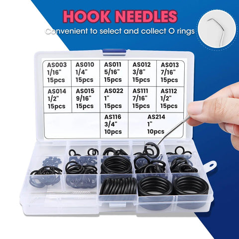 Scuba O Ring Kit 170 Pcs FKM90 With Stainless Steel O Ring Pick Set in case showing multiple sizes and hand picking tool