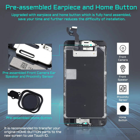 IPhone 6s Plus Screen Replacement Kit With Home Button LCD Digitizer 3D Touch Display 5.5 Inch Black Glass Assembly Front Camera Speaker Proximity Sensor Repair Tools A1634 A1687 A1699