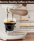 Compact Semi Automatic Espresso Machine With 20 Bar Pressure pouring a shot of espresso into a glass.